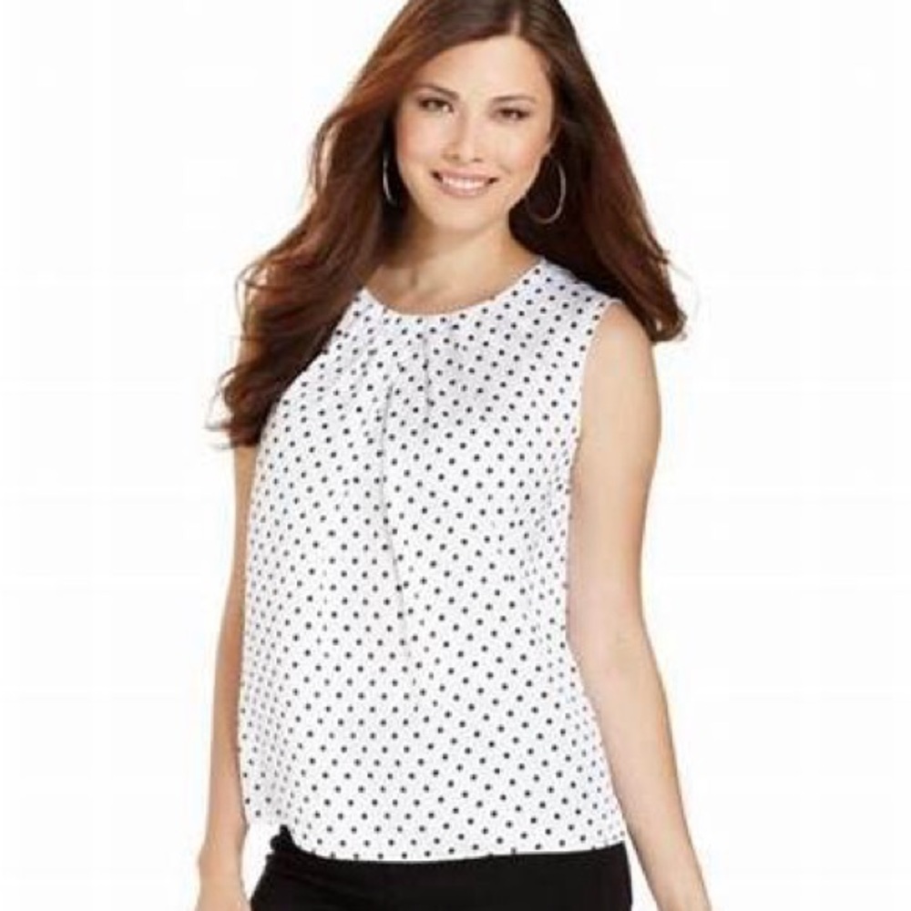 Jones New York, Sleeveless Blouse, White with Black Polka Dots,  10 Petite